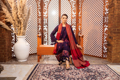 Embroidered Dhanak shirt, trouser, and Jacquard wool shawl