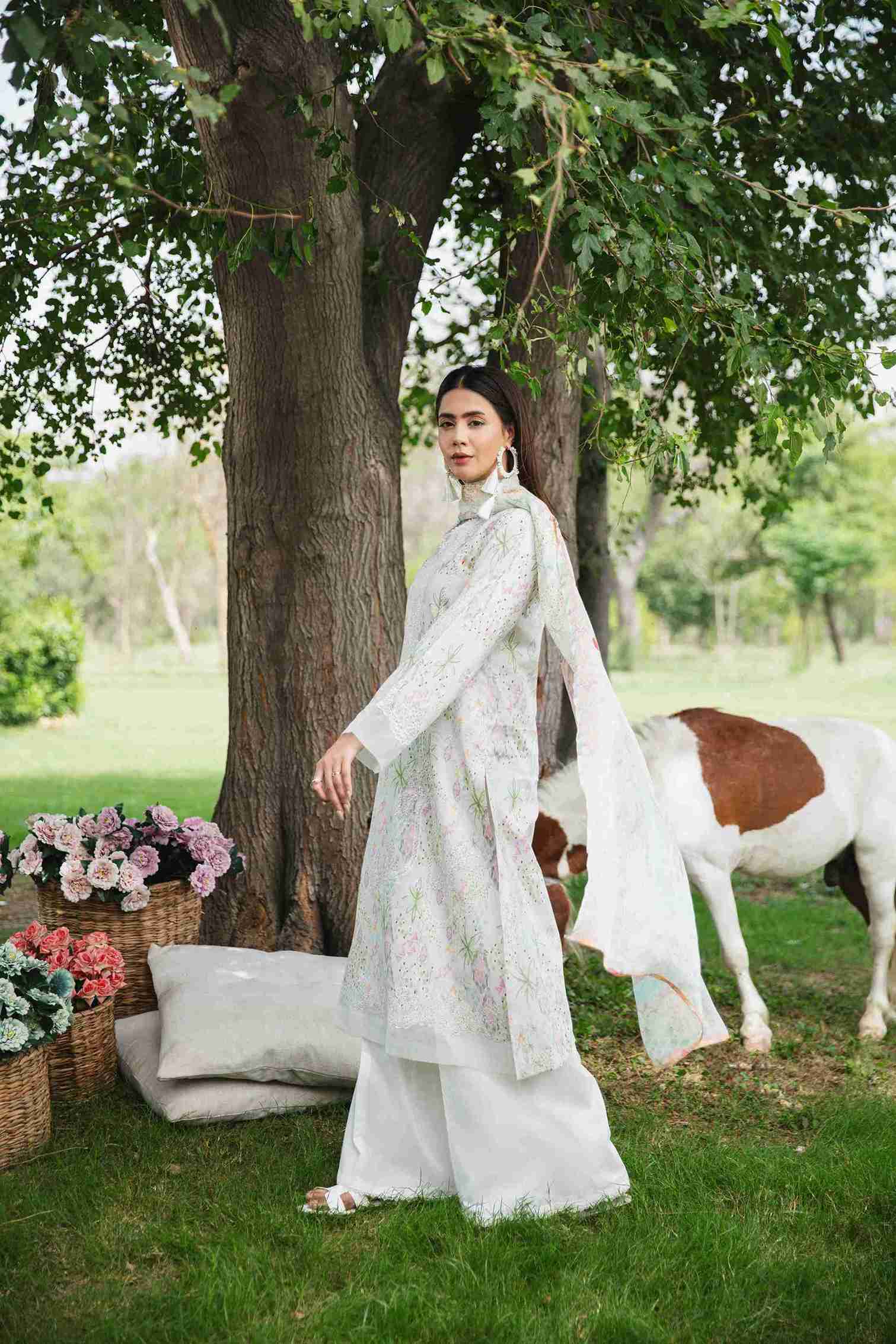  Embroidered lawn shirt with chiffon dupatta and plain cotton trouser