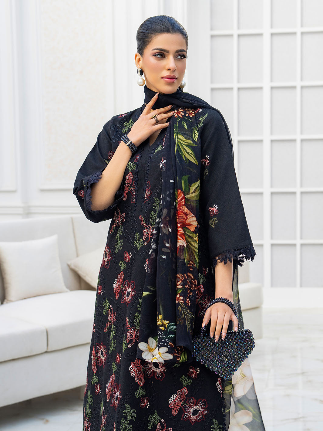 Premium embroidered lawn suit with chiffon dupatta and karandi plain trouser