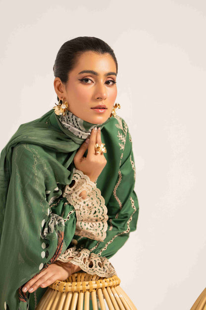 Premium embroidered lawn shirt styled with chiffon dupatta and plain cotton trouser