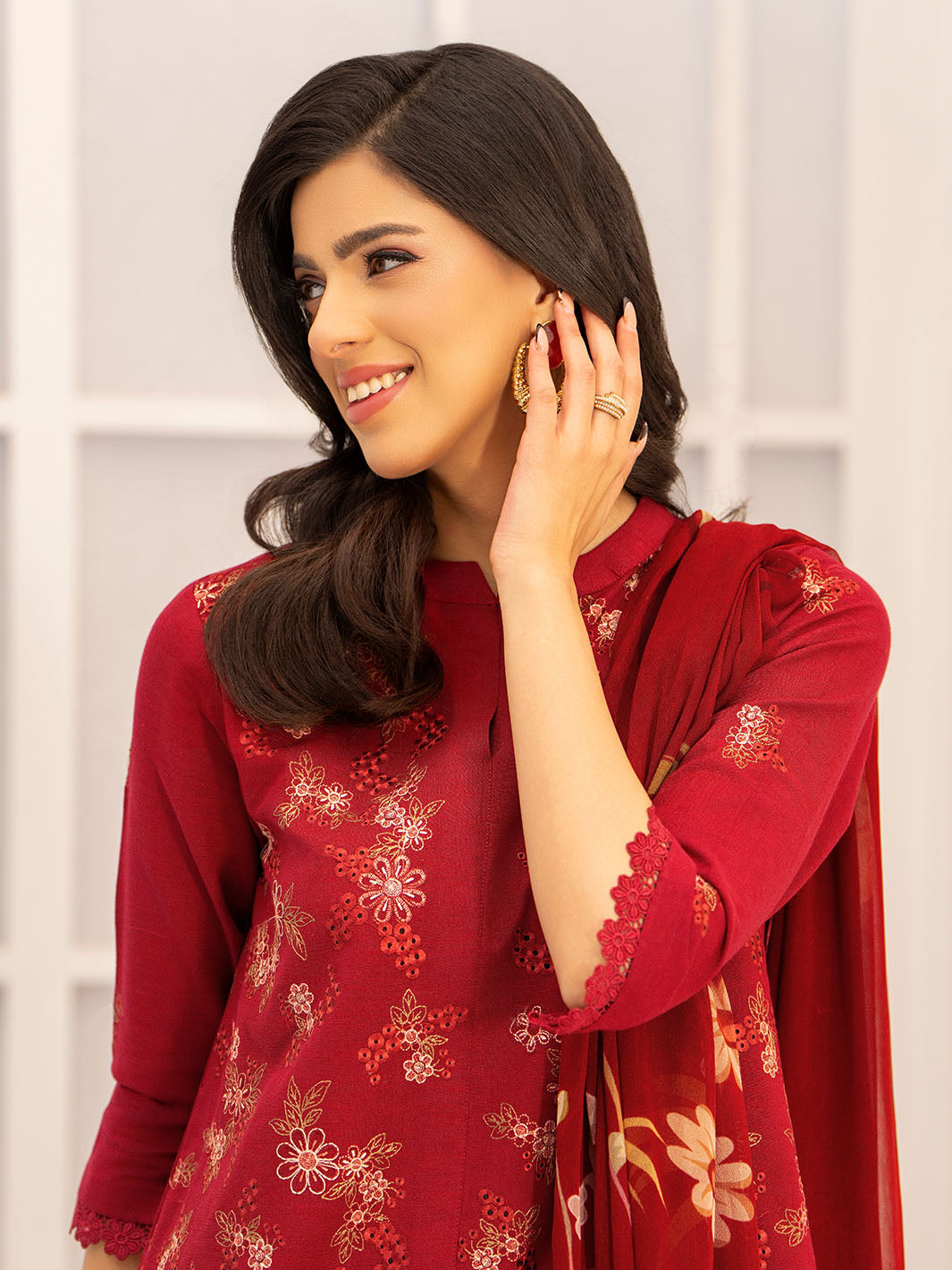  Premium embroidered lawn shirt, chiffon printed dupatta, karandi trouser unstitched