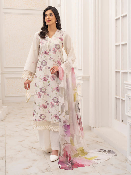 Premium embroidered lawn karandi shirt with chiffon dupatta and plain trousers
