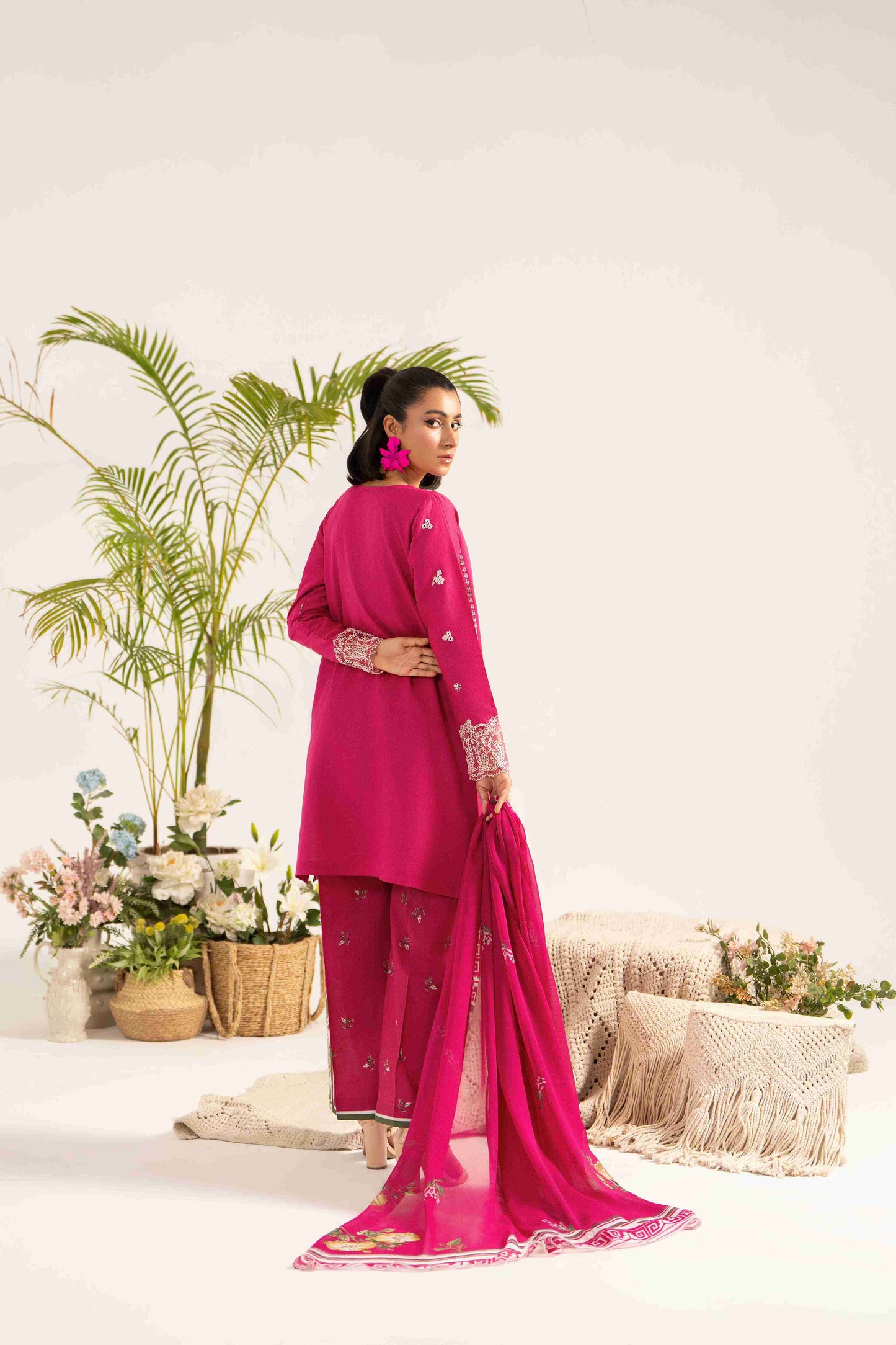 Premium embroidered lawn shirt with chiffon digital dupatta and plain cotton trouser.