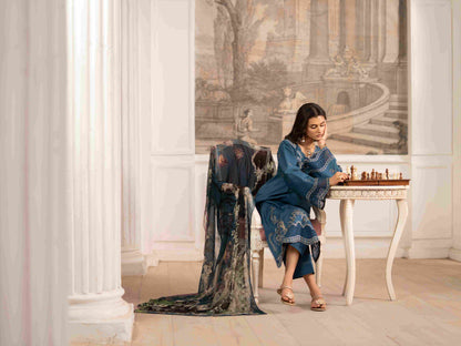 Premium embroidered lawn shirt with organza patch and digital dupatta