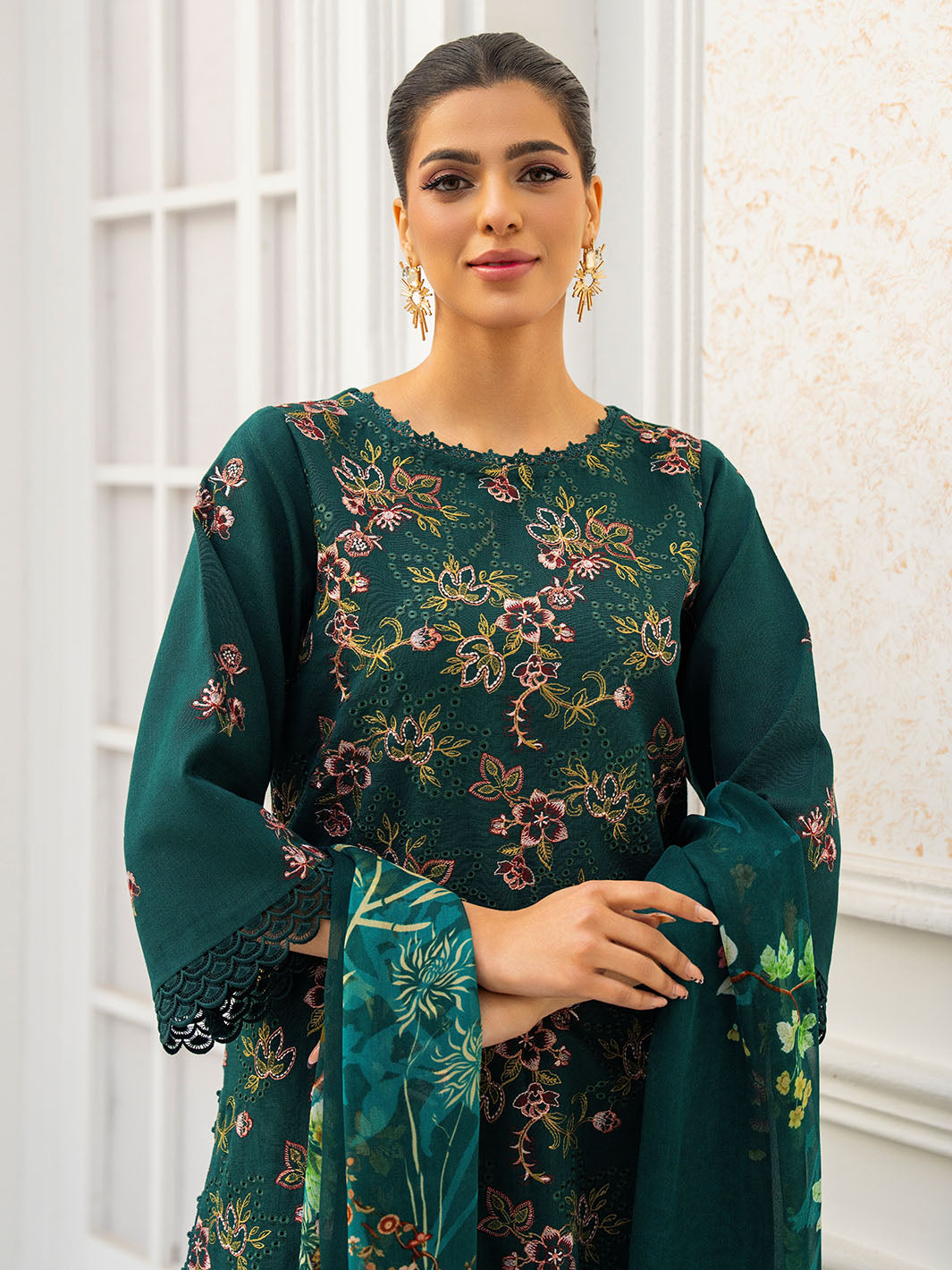 Premium embroidered shirt, chiffon printed dupatta, karandi plain trouser suit
