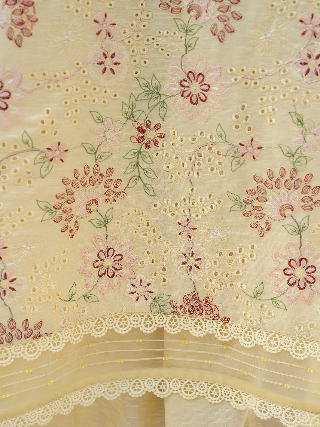 Premium embroidered lawn shirt, chiffon printed dupatta, karandi trouser style