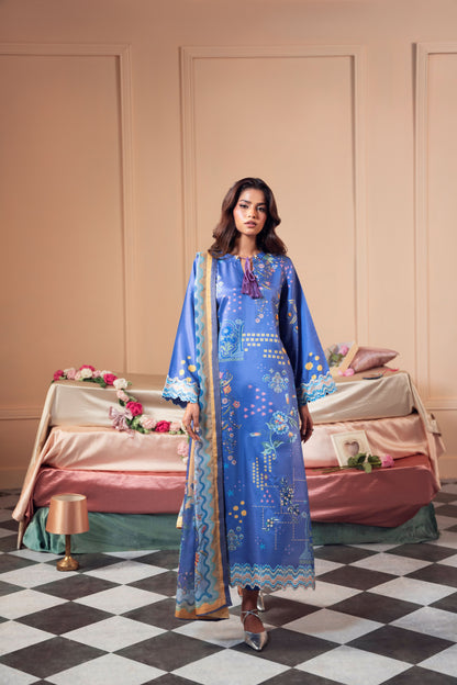 Premium silk suit for women featuring an unstitched 3PC design with rich raw silk shirt and trousers and a flowing chiffon dupatta, allowing customized styling for weddings and festive occasions