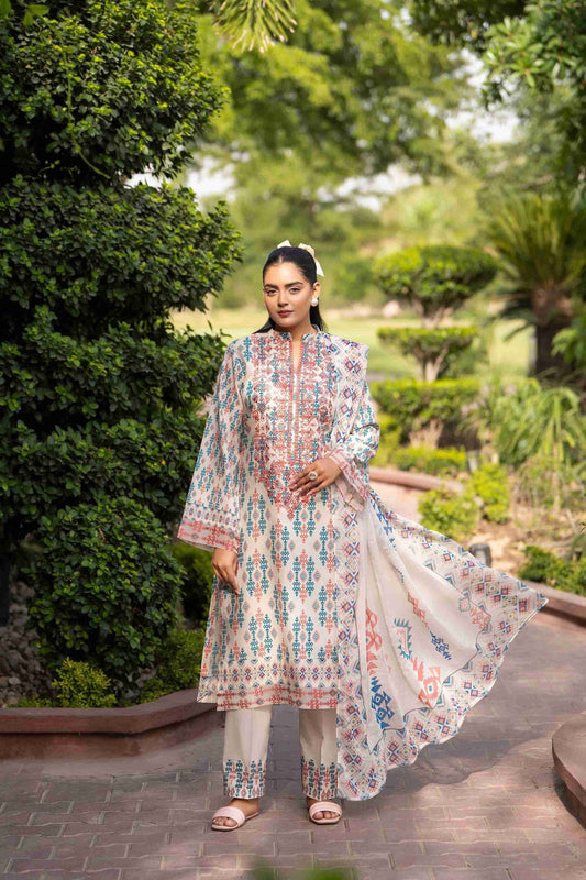 Women’s premium branded lawn kurta with embroidered neckline, chiffon dupatta, and cotton trouser for graceful summer wear