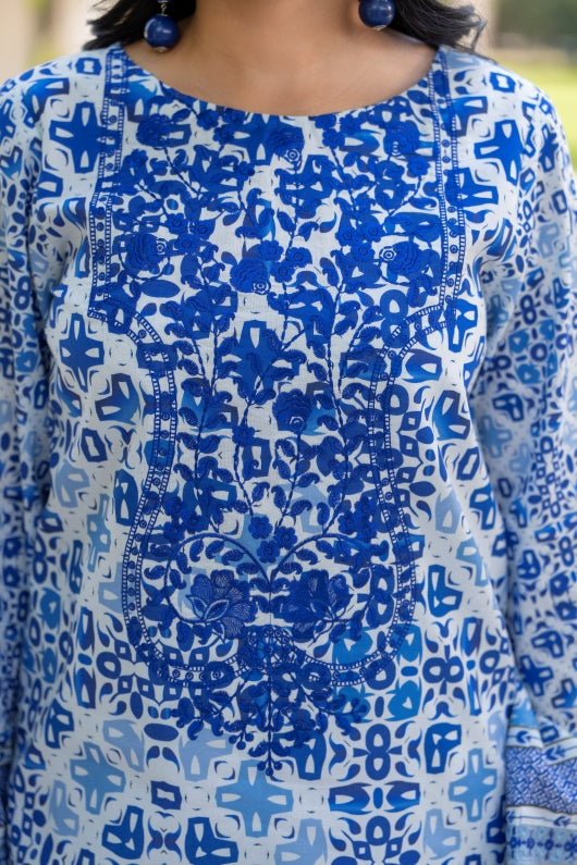 Elegant three-piece lawn outfit with embroidery details, cotton trouser, and chiffon dupatta