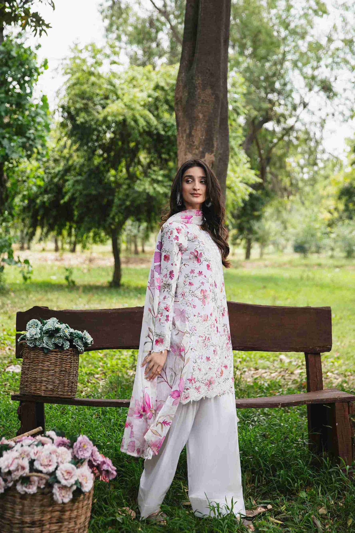 Embroidered lawn shirt, chiffon dupatta, and cotton plain dyed trouser