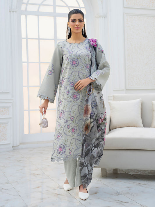 Premium embroidered lawn shirt with chiffon dupatta and karandi trouser suit