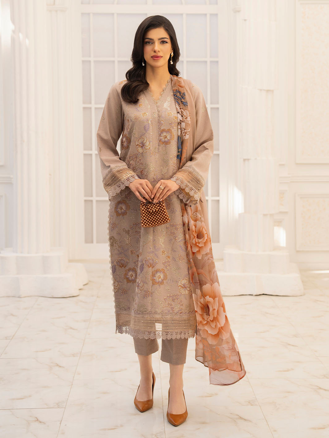 Premium embroidered lawn shirt with chiffon dupatta and karandi trouser suit
