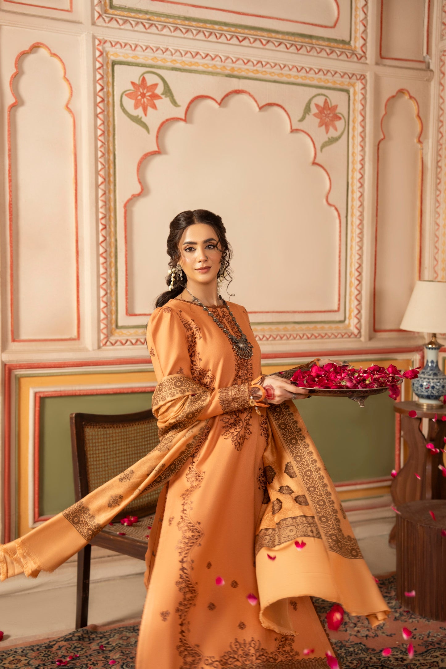 High-end embroidered Dhanak winter outfit with a jacquard shawl.