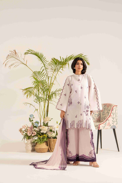 Premium embroidered lawn shirt styled with chiffon dupatta and soft cotton trouser.