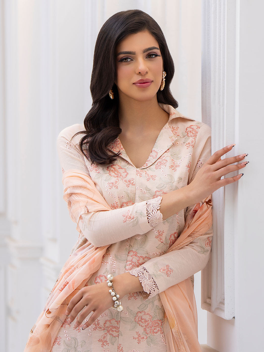 Premium embroidered shirt, chiffon dupatta, karandi trouser 3-piece suit