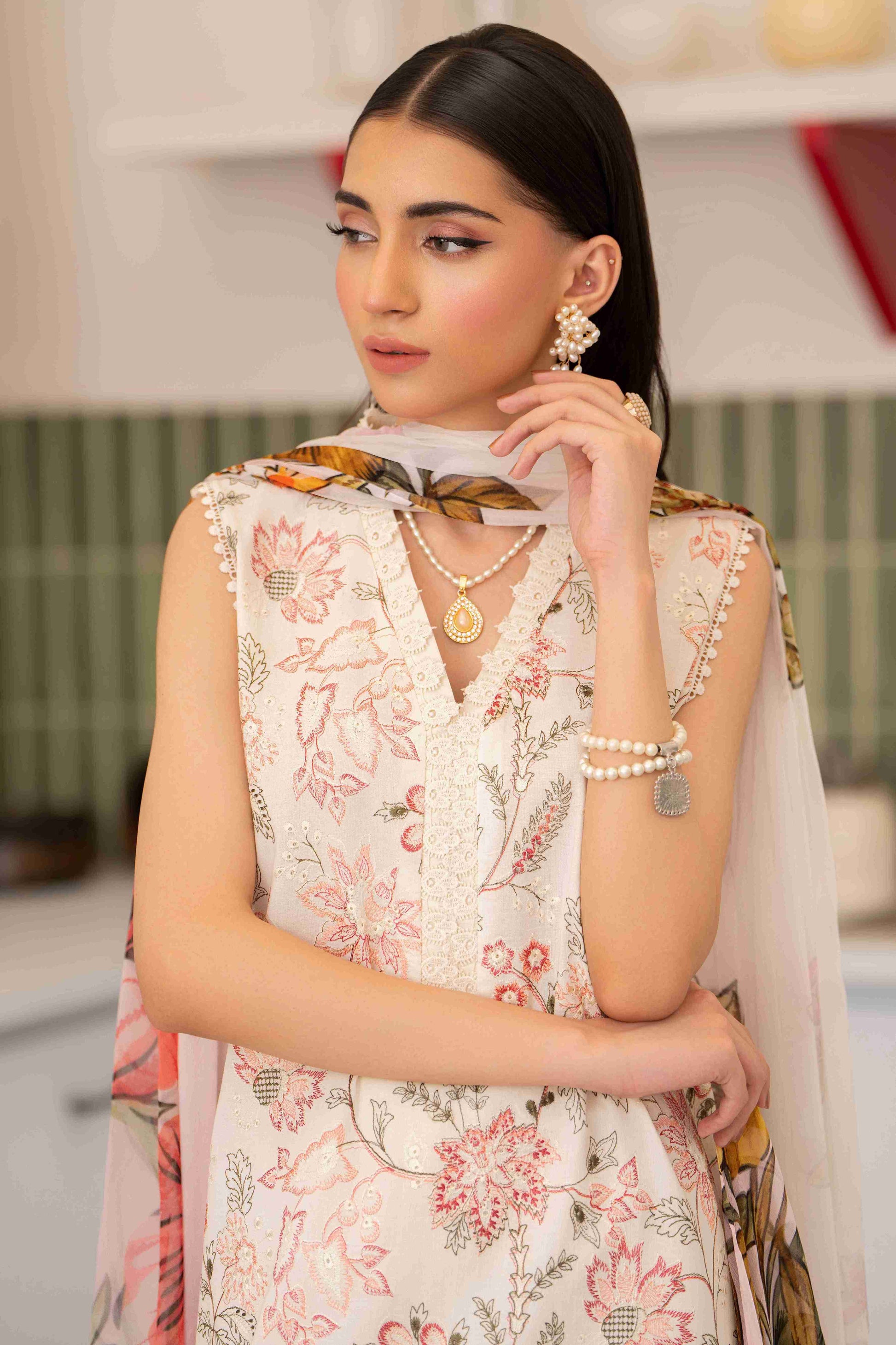 Stylish embroidered lawn suit three piece with chiffon dupatta and cotton trouser fabric