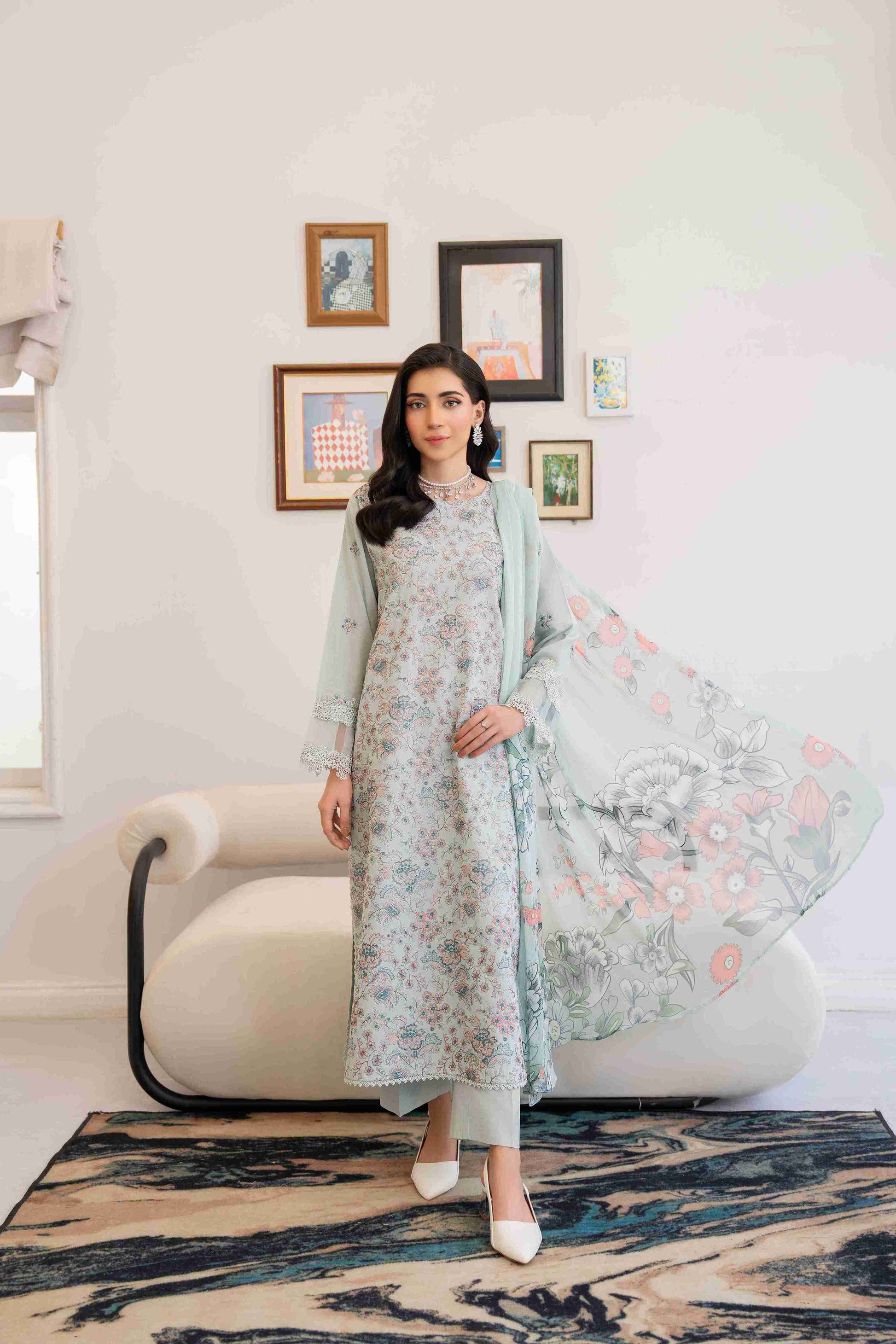 Stylish unstitched embroidered lawn suit three piece with chiffon dupatta and plain cotton trouser