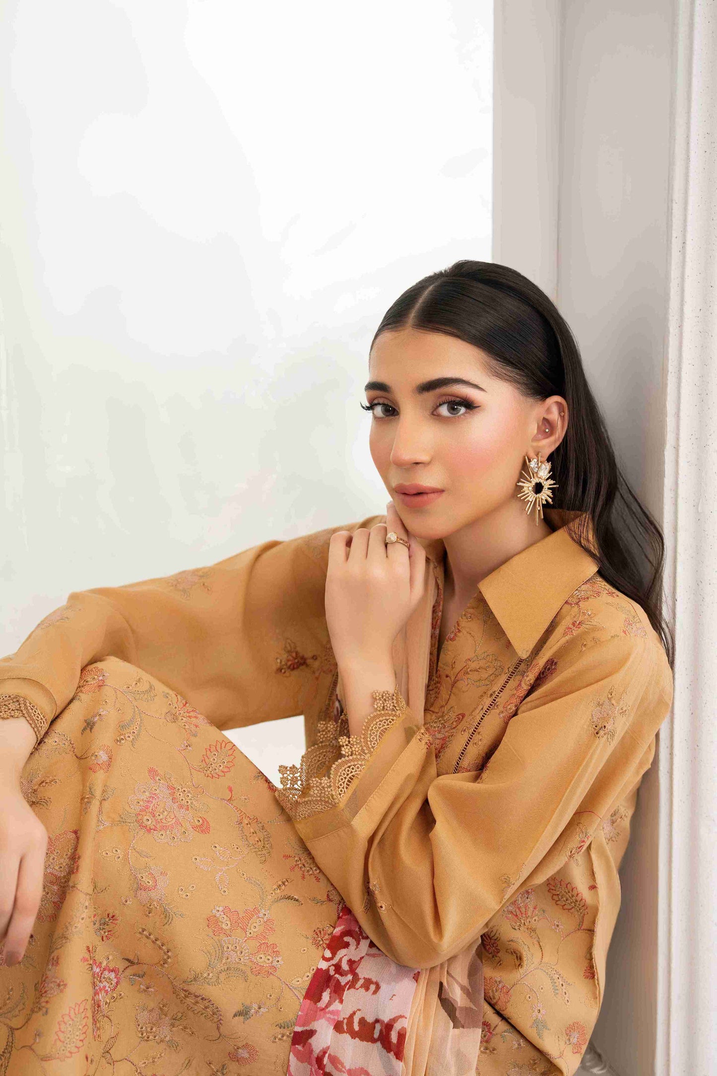  Elegant embroidered lawn suit with chiffon dupatta and cotton trouser fabric two point five meters