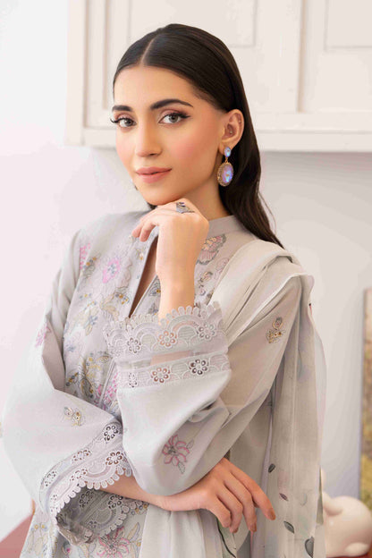Designer embroidered lawn shirt with chiffon dupatta and cotton trouser two point five meters