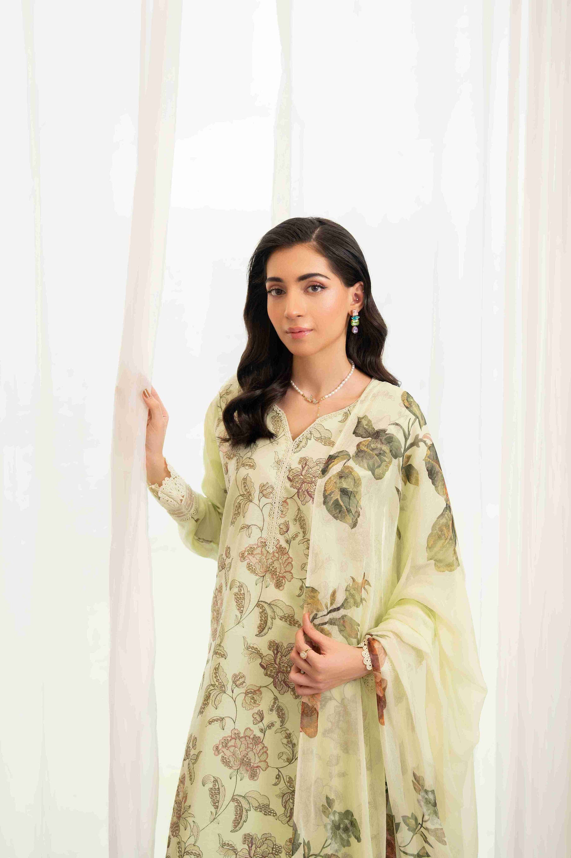 Stylish embroidered lawn shirt with chiffon dupatta and cotton trouser three piece