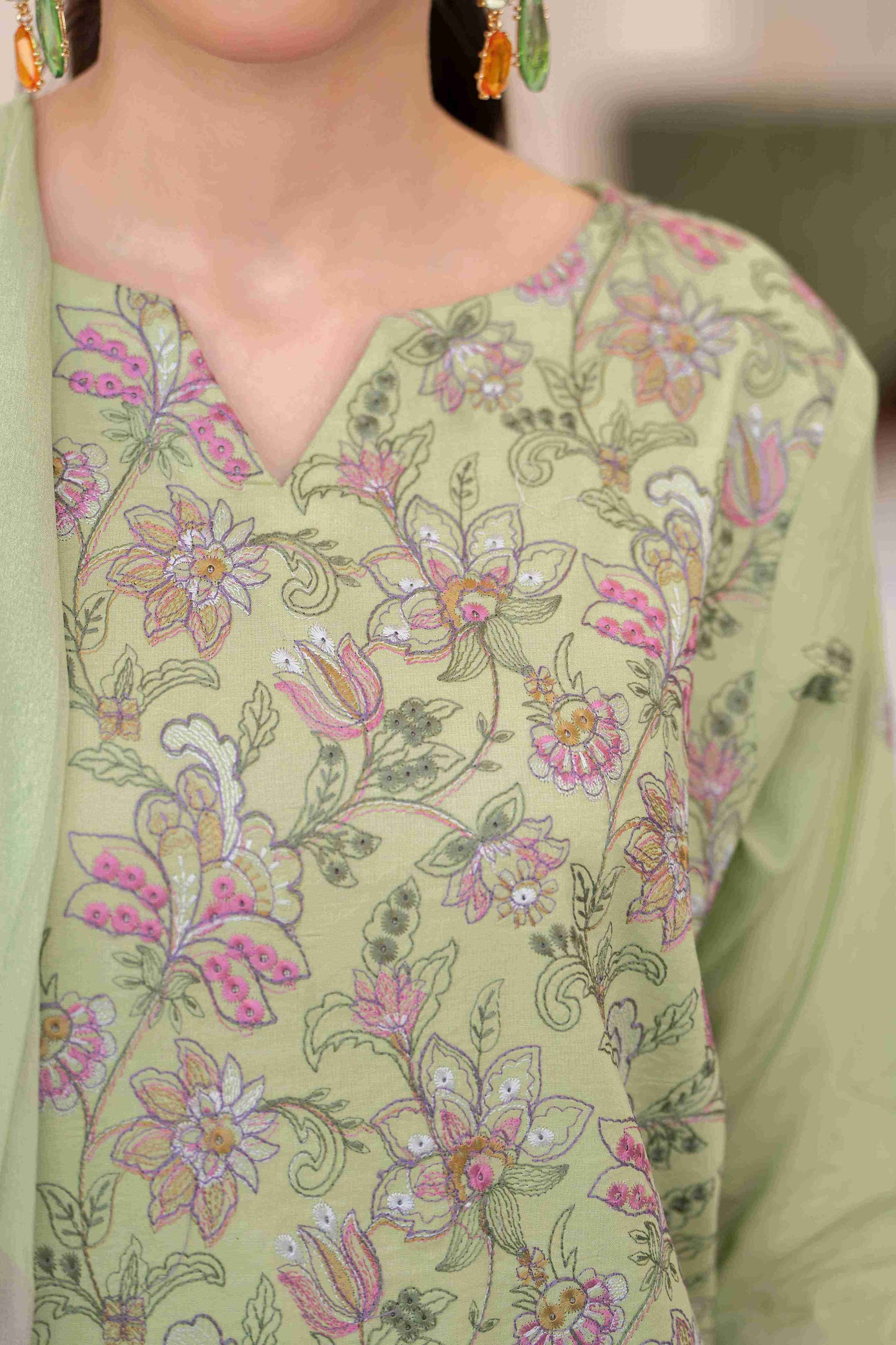 Elegant lawn shirt with embroidery paired with soft chiffon dupatta and plain cotton trouser