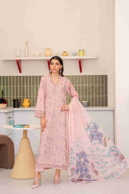 Designer embroidered lawn suit with chiffon dupatta and cotton trouser fabric two point five meters