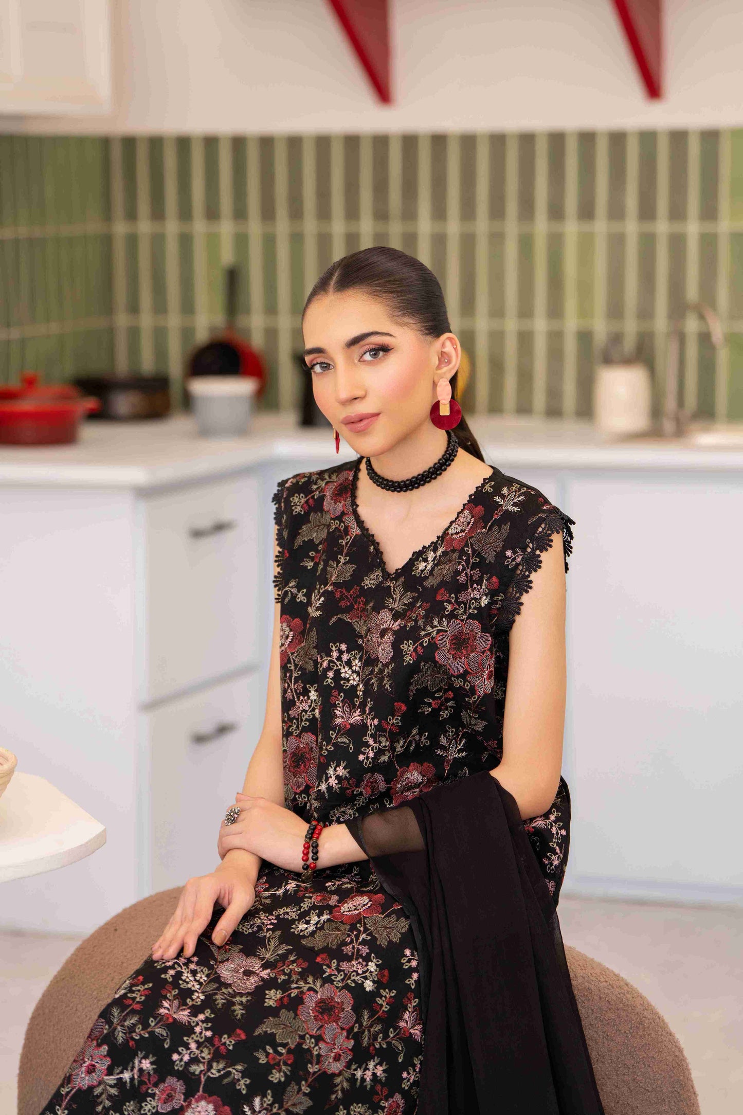 Designer embroidered lawn suit with printed chiffon dupatta and stitched plain cotton trouser