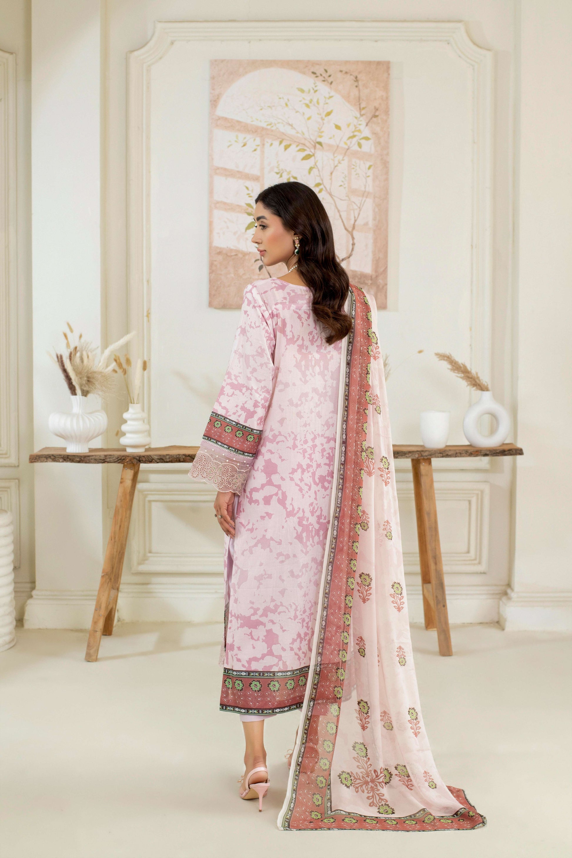 Embroidered shirt paired with a printed lawn dupatta