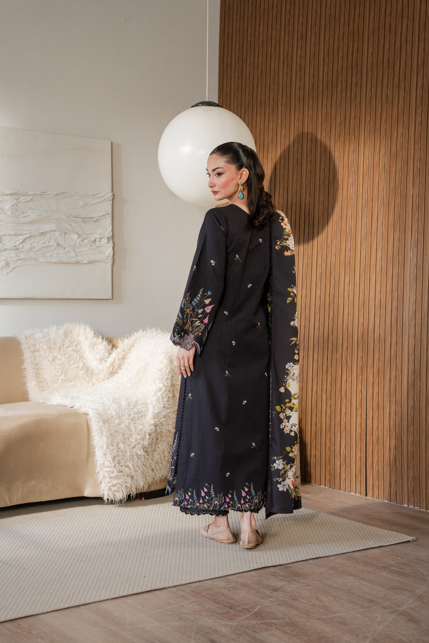 Winter outfit featuring colorful printed dupatta and embroidered khaddar shirt.