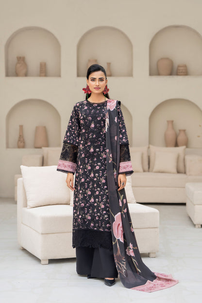 Elegant printed khaddar 3PC suit with embroidery and woolen shawl