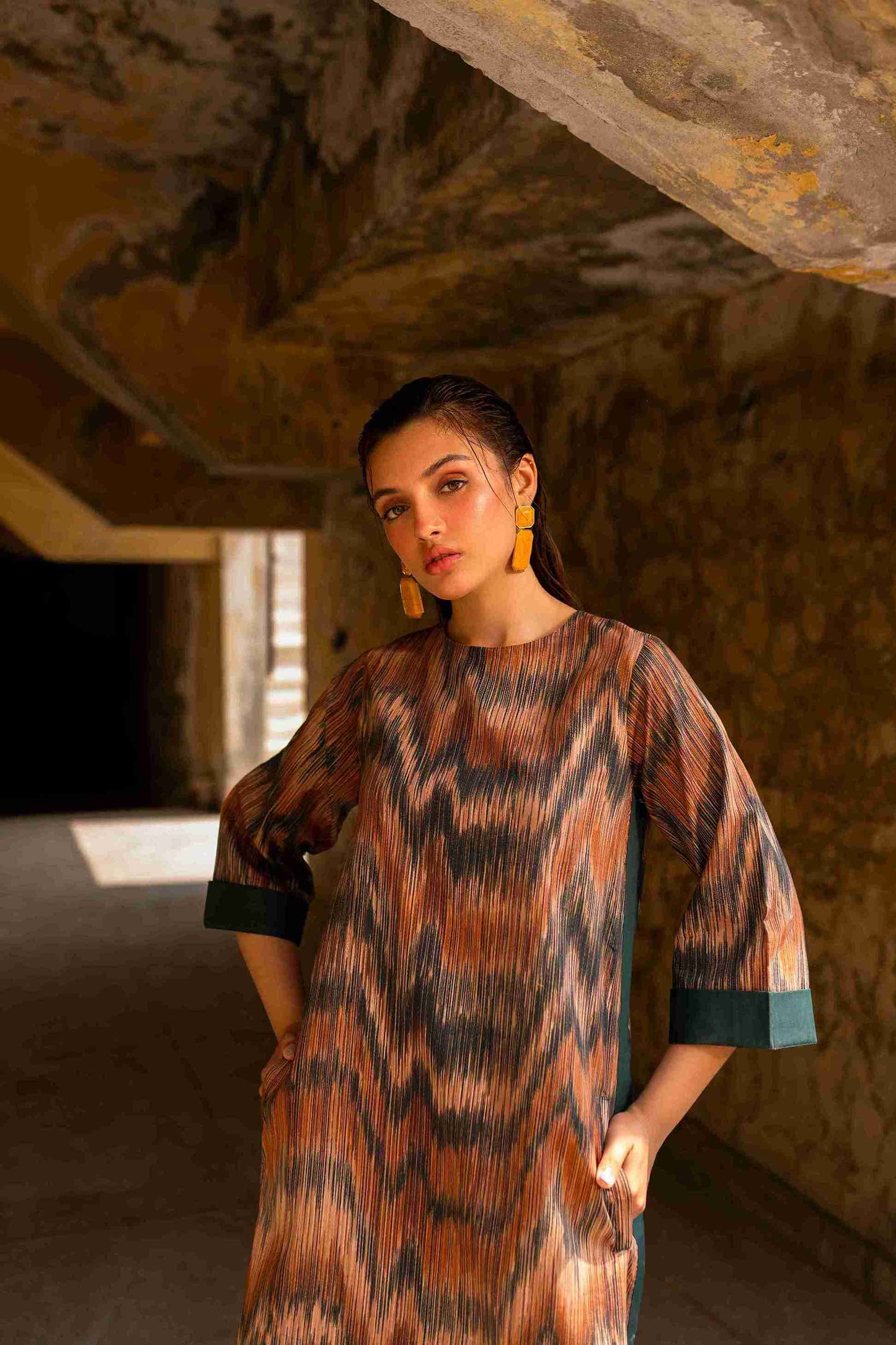 Fashionable Jacquard kurta with printed design and bell sleeves for eastern fashion