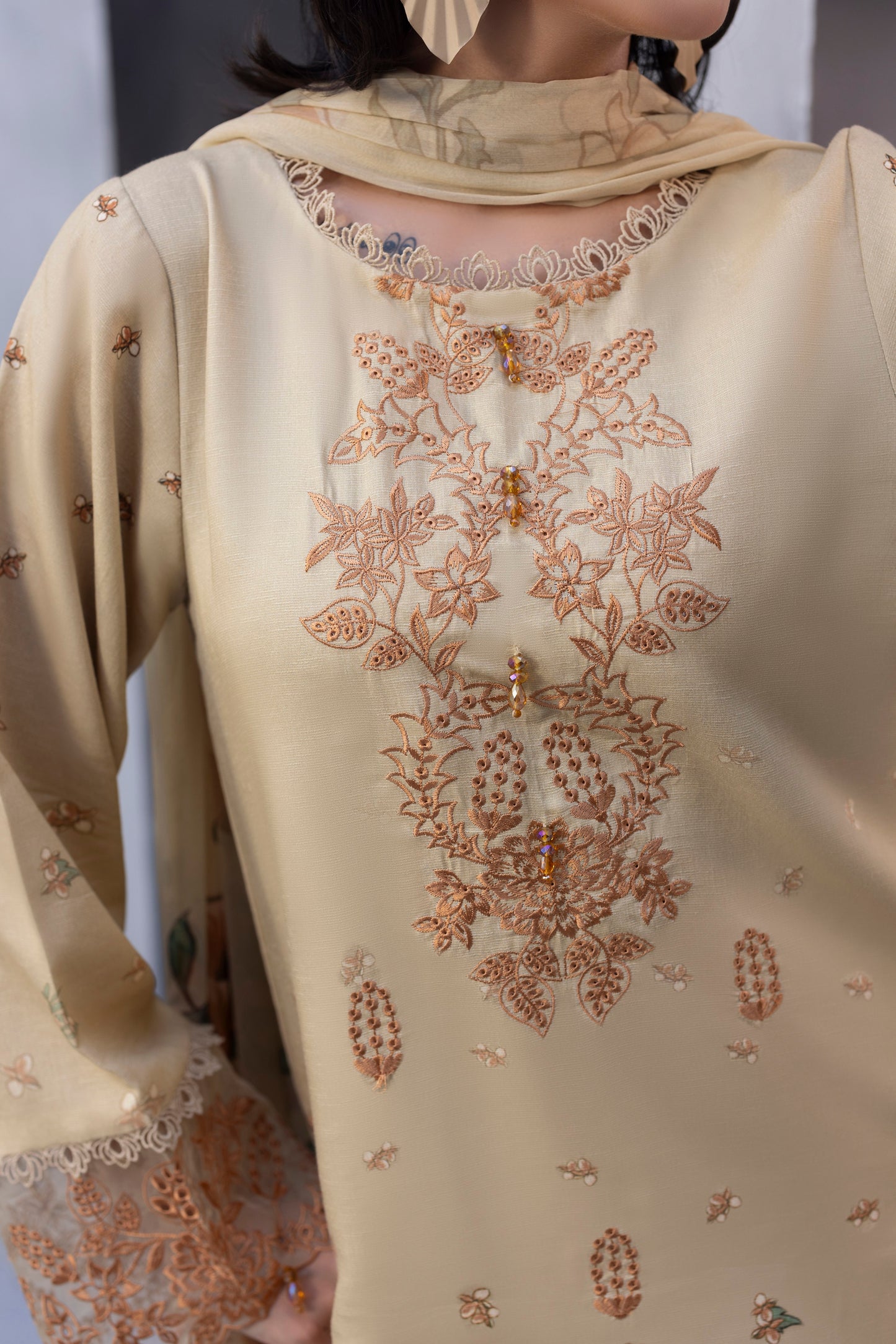 Karandi embroidered shirt with soft chiffon dupatta and matching plain trouser, ideal for winter wear