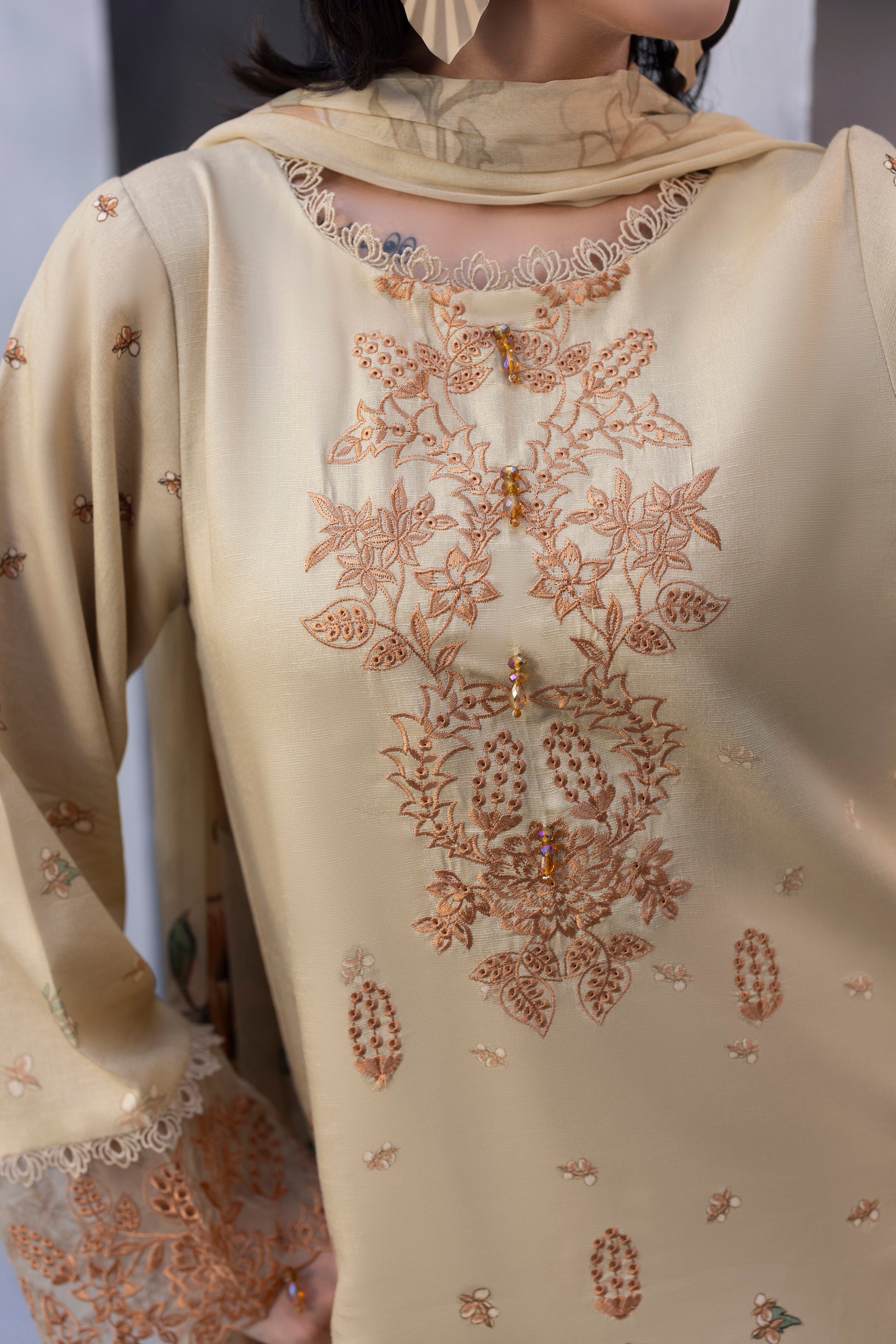 Karandi embroidered shirt with soft chiffon dupatta and matching plain trouser, ideal for winter wear