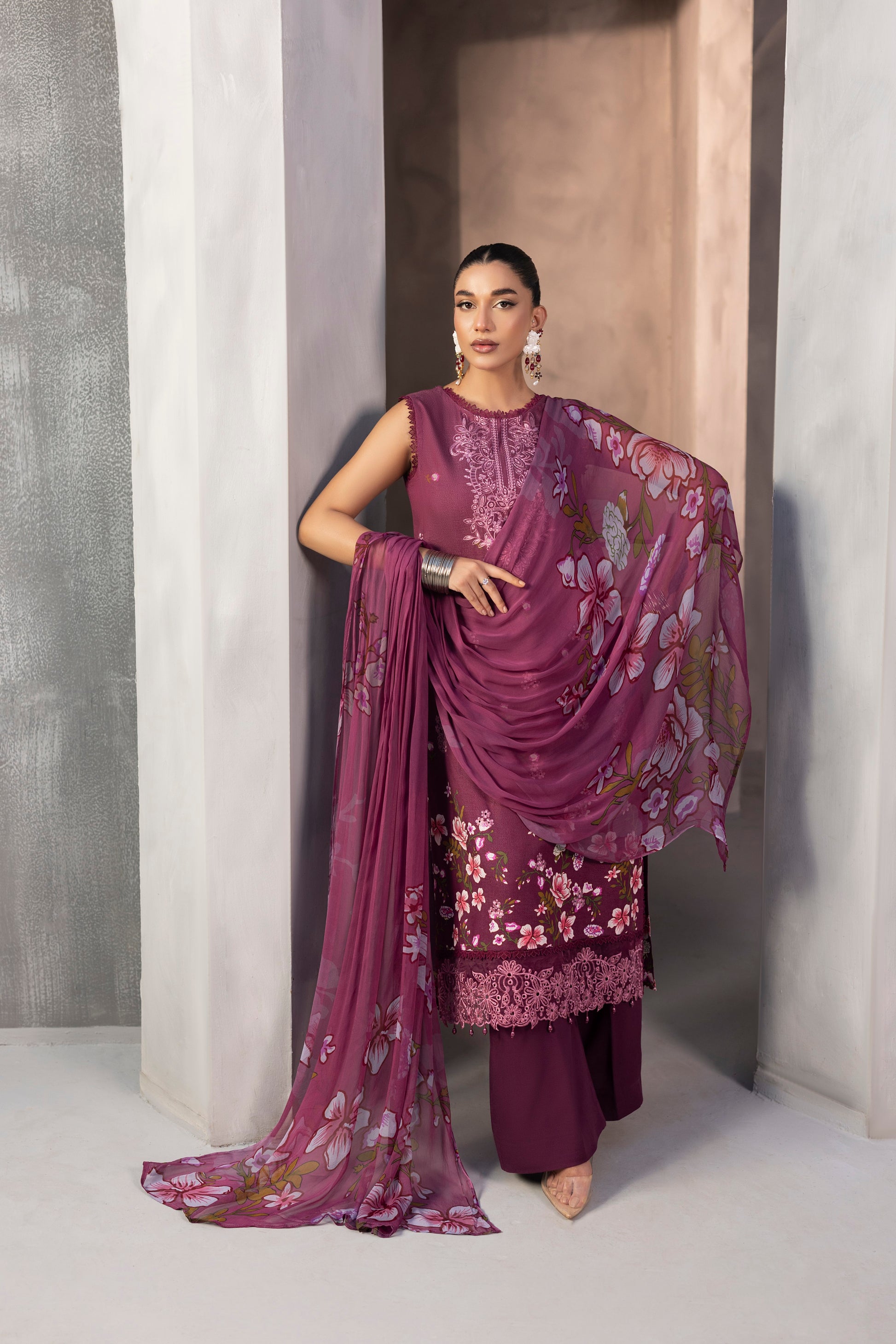 Elegant embroidered Karandi shirt with chiffon dupatta and plain trouser