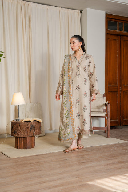 Winter printed shirt with embroidered organza work and colorful dupatta.