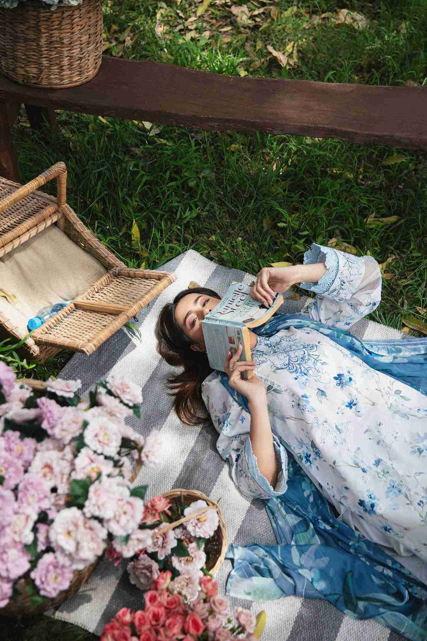 Designer lawn suit with embroidered front, chiffon dupatta, and trouser