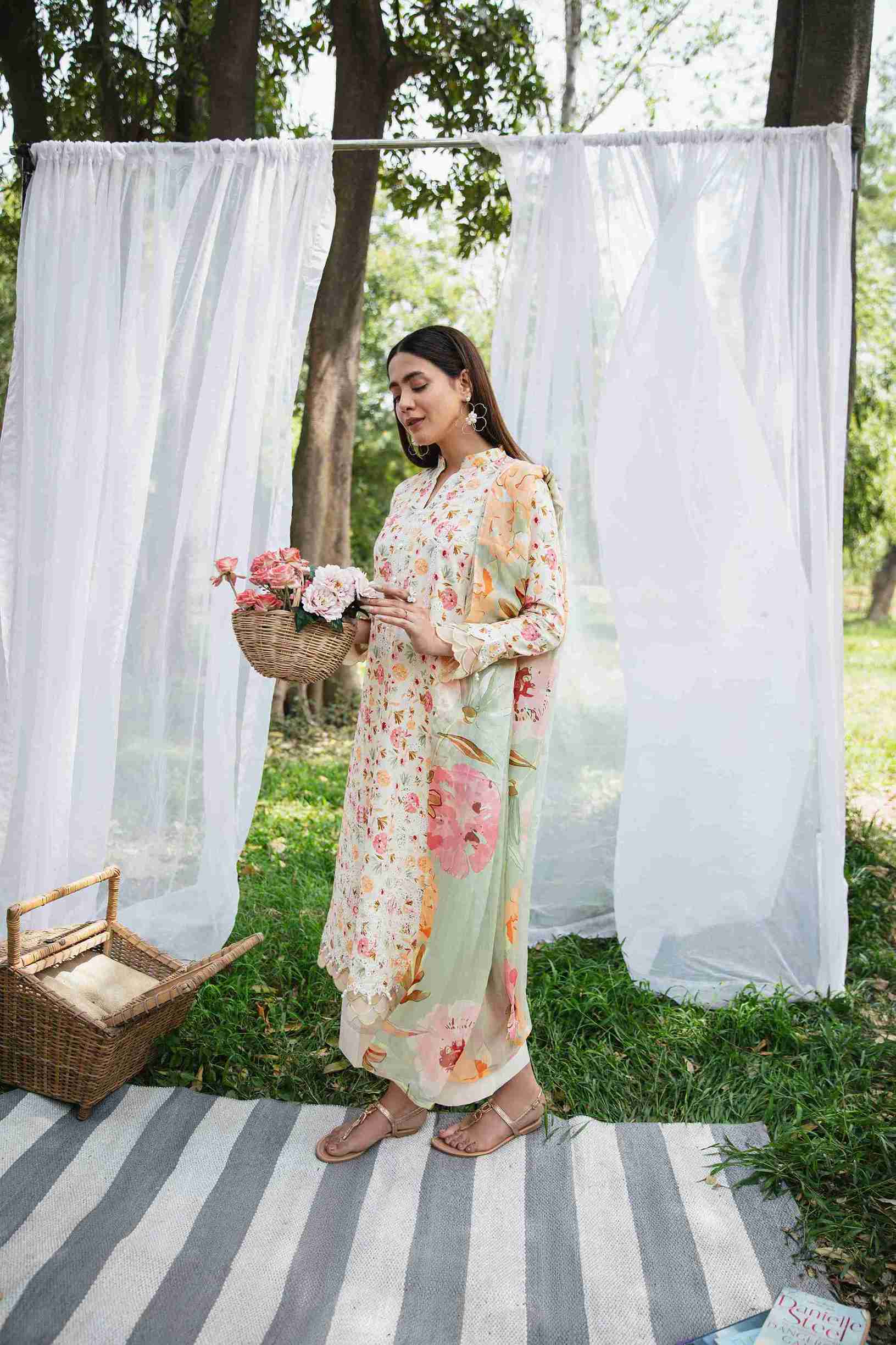 Stylish printed lawn shirt with embroidery, chiffon dupatta, and trouser