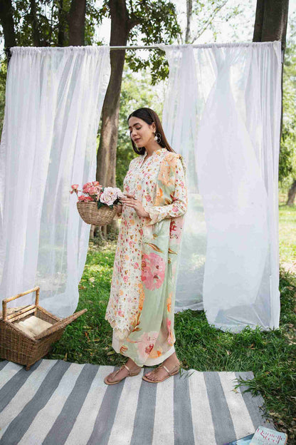 Stylish printed lawn shirt with embroidery, chiffon dupatta, and trouser