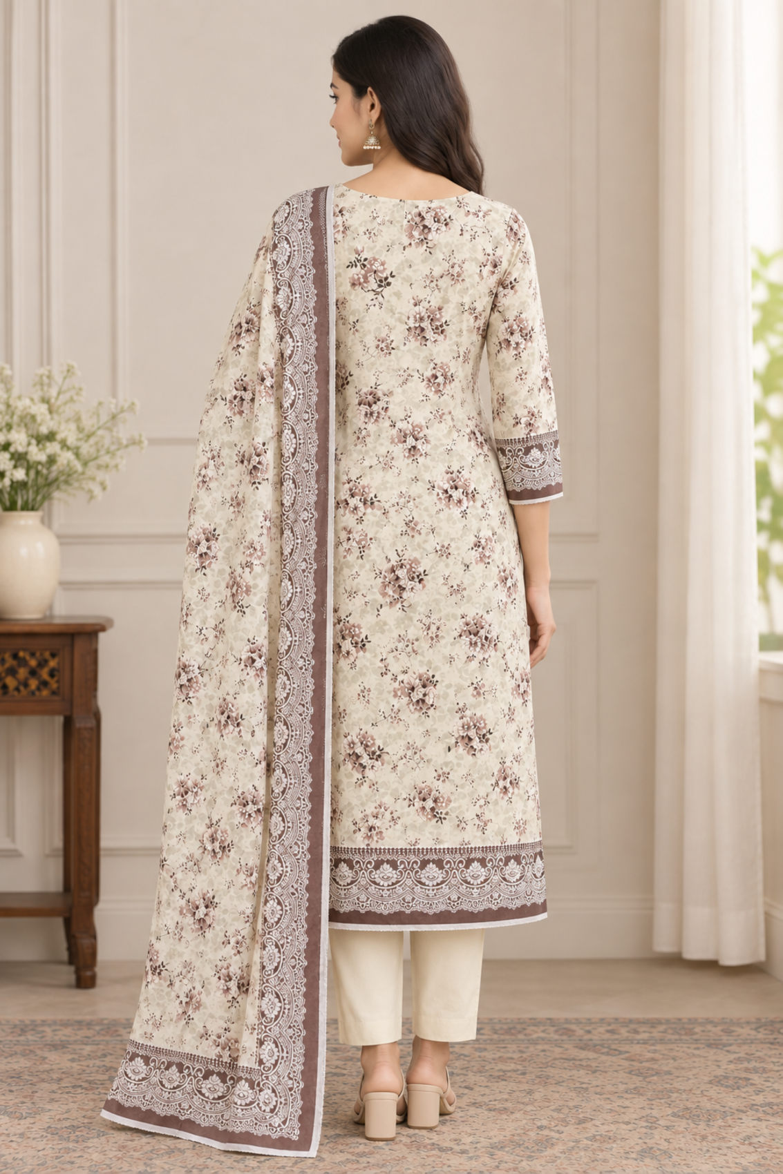 Printed linen 3 piece dress with floral shirt design and solid dyed bottom