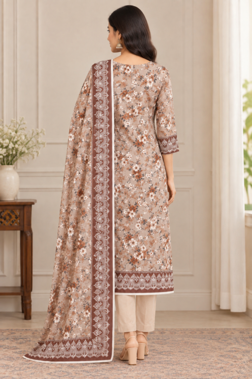 Printed linen dress featuring a delicate floral shirt pattern and plain trousers