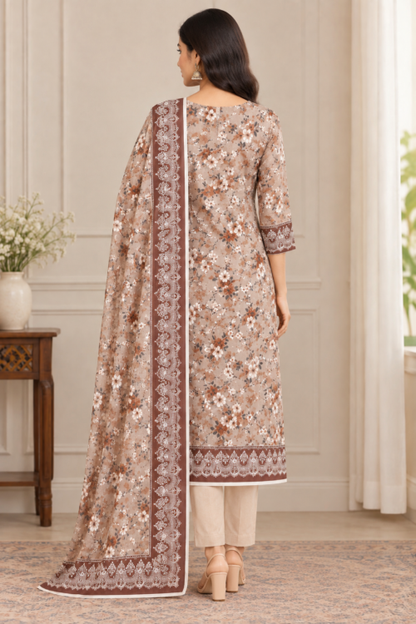 Printed linen dress featuring a delicate floral shirt pattern and plain trousers