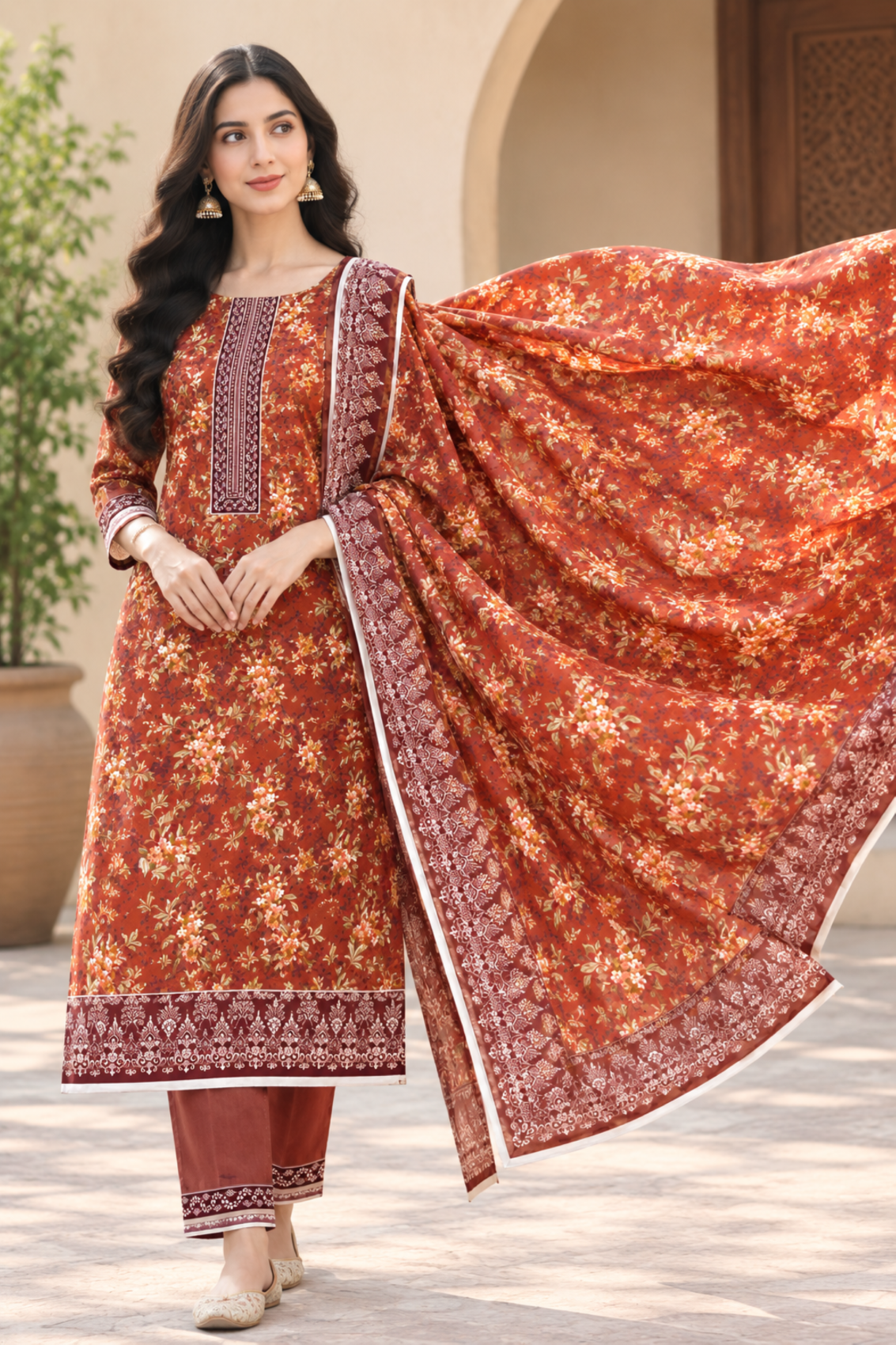 Printed linen outfit for women featuring a floral shirt and understated solid trousers
