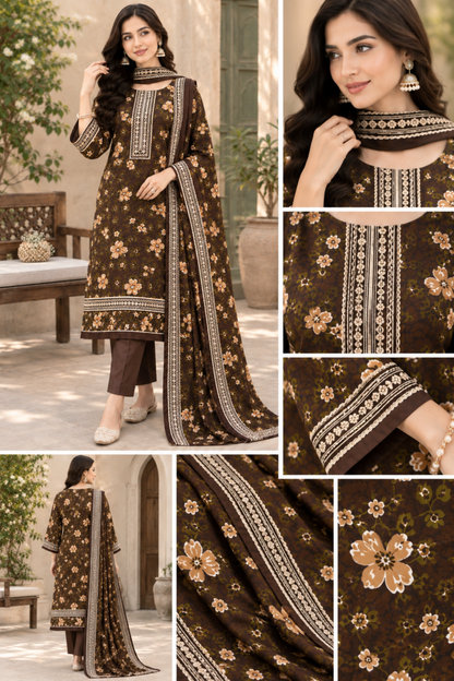 Printed linen suit for gatherings with a floral pattern and graceful border dupatta
