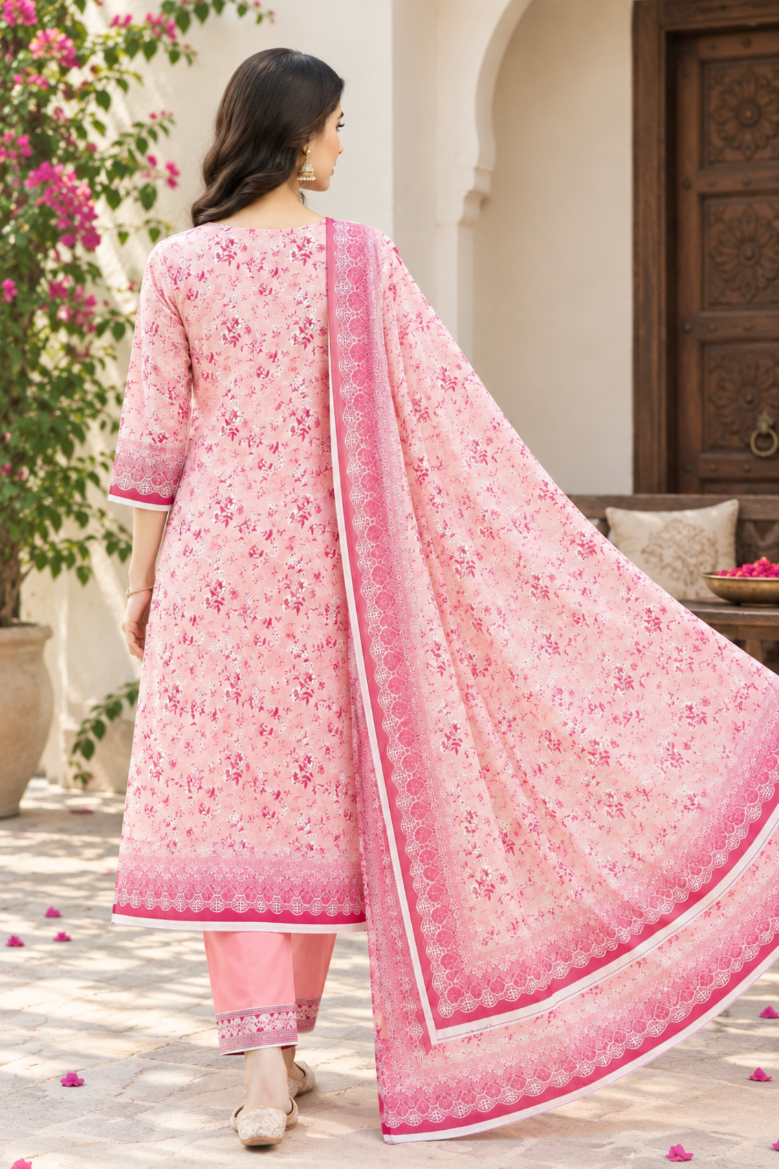 Printed linen suit for girls with a graceful floral shirt and coordinated dupatta