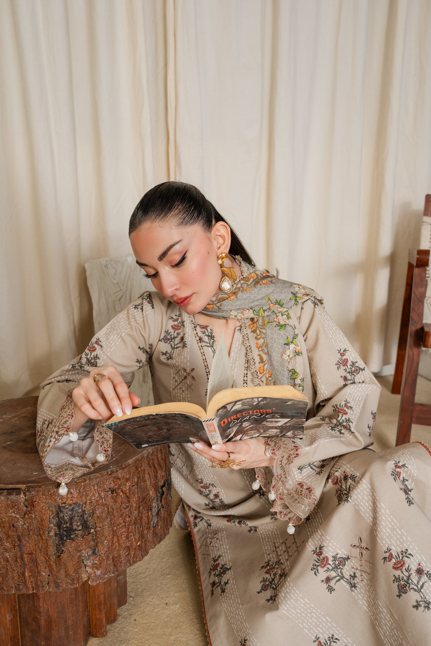 Winter khaddar printed outfit with embroidered organza neckline.