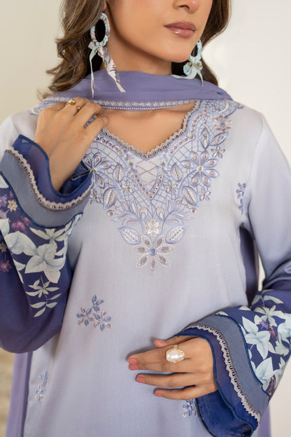 Stylish printed viscose shirt with embroidery and chiffon dupatta