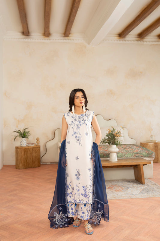 Elegant viscose printed shirt with embroidered neckline and chiffon dupatta