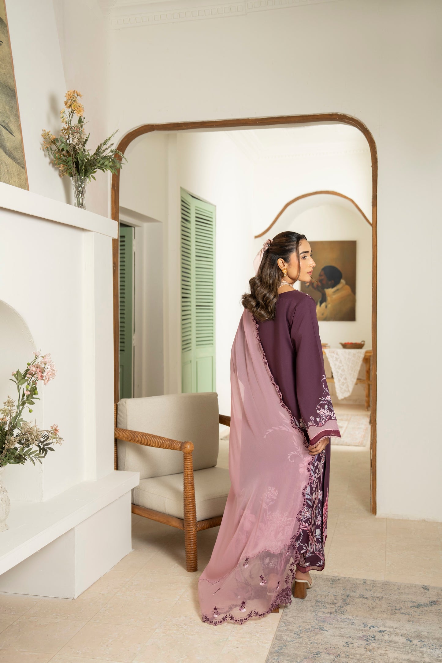 Unique viscose printed shirt with handcrafted embroidery and soft chiffon dupatta
