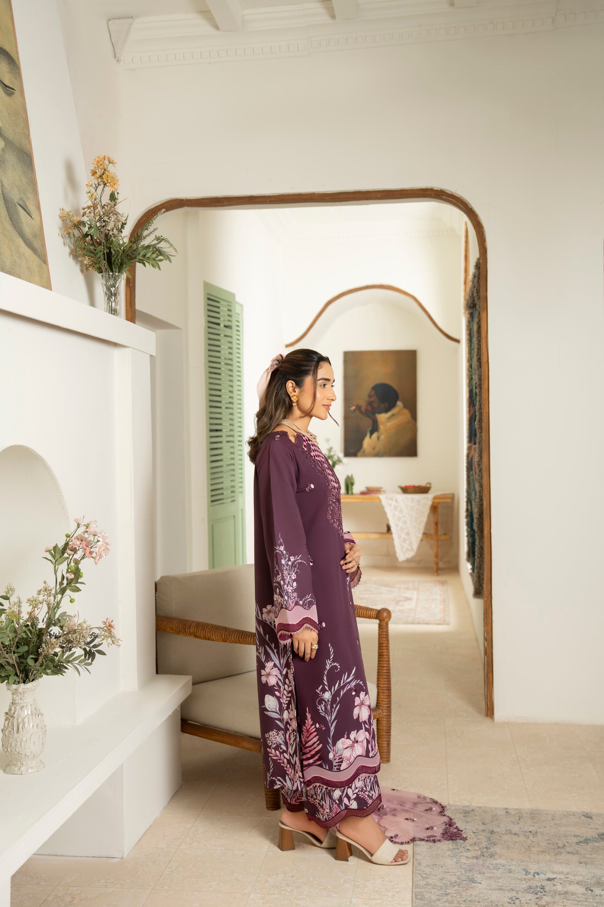 Printed viscose shirt with intricate embroidery and chiffon dupatta