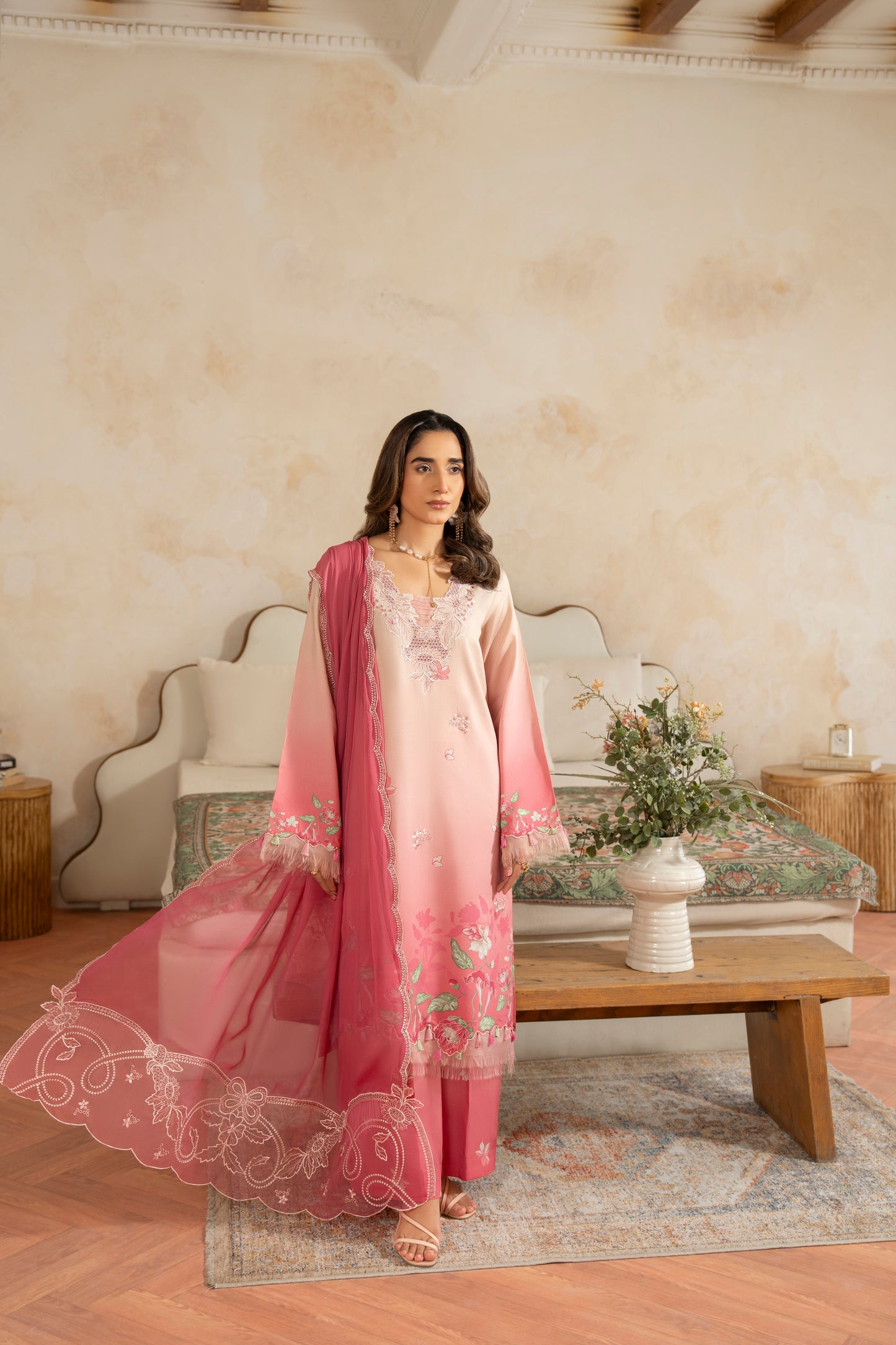 Soft viscose embroidered shirt with chiffon dupatta for winter wear